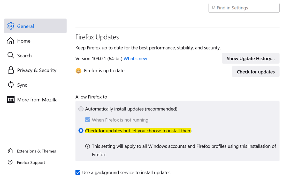 Firefox updates screen under the general tab, with check for updates but let you choose to install them selected 